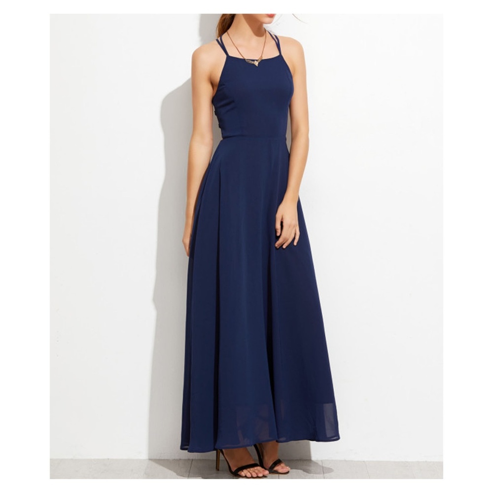 Navy Blue Lace Up Back Chiffon Maxi Dress - Picture 5 of 5